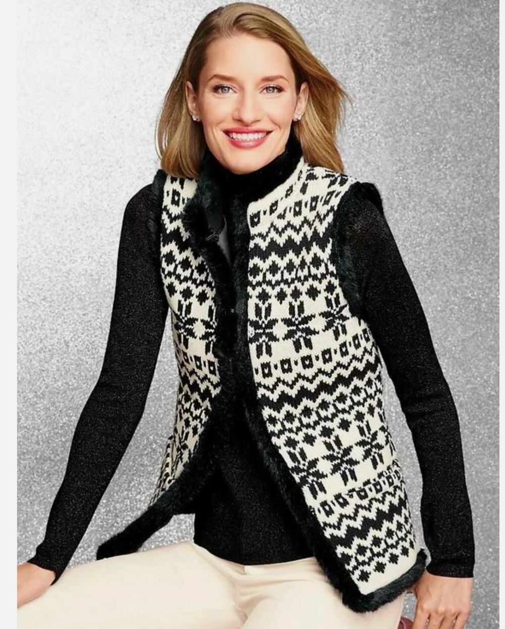 Talbots Black White Fair Isle Faux Fur Trim Sweater Vest Small